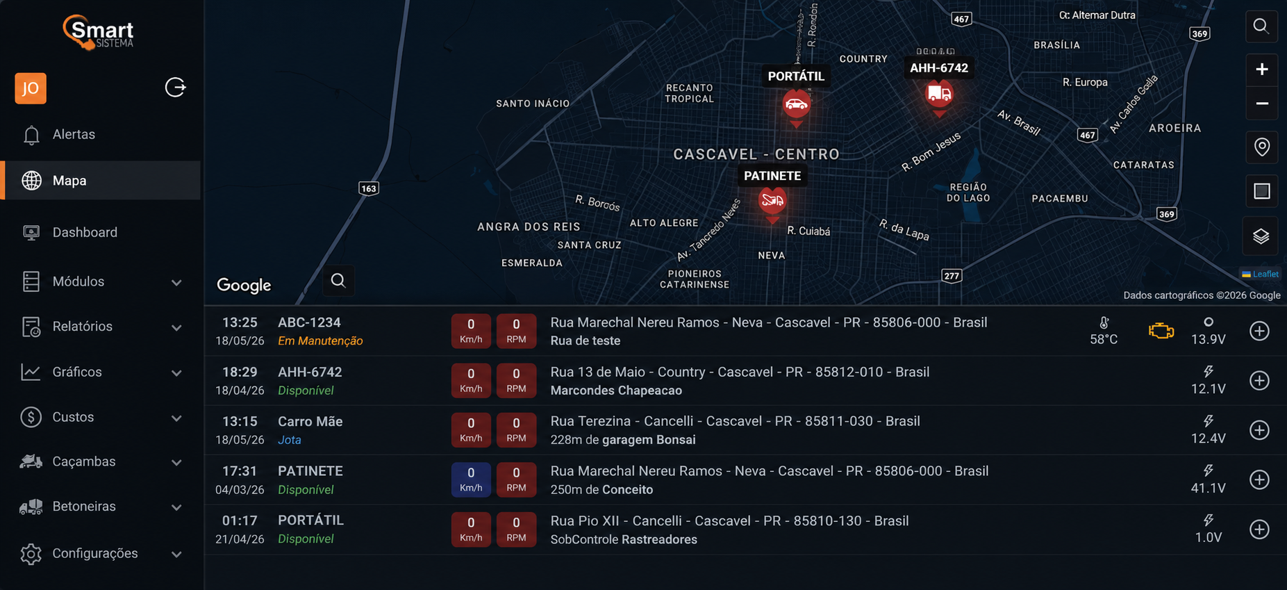 Painel Smart Sistema com mapa, frota e indicadores operacionais