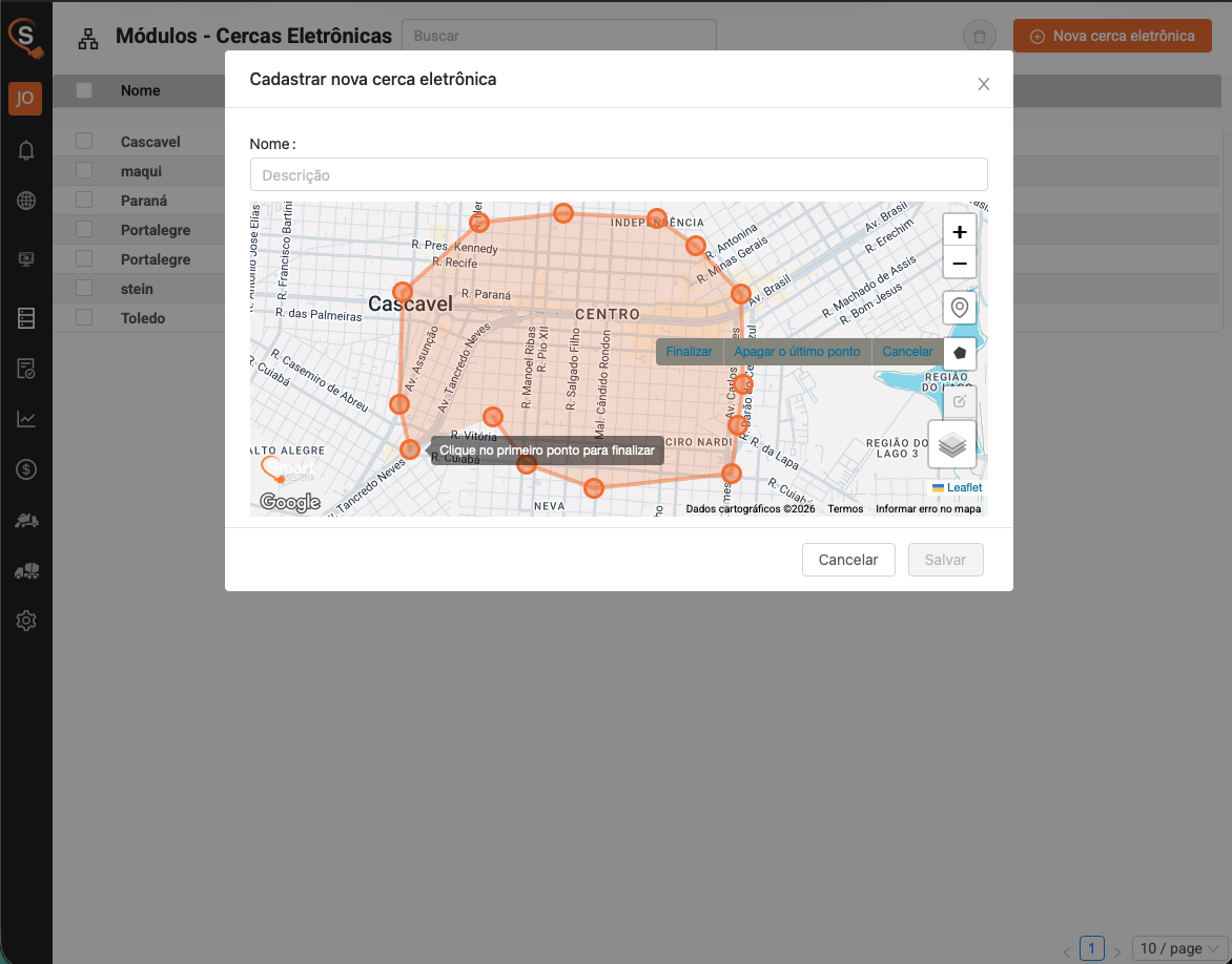 Configuração de cercas eletrônicas no mapa do Smart Sistema