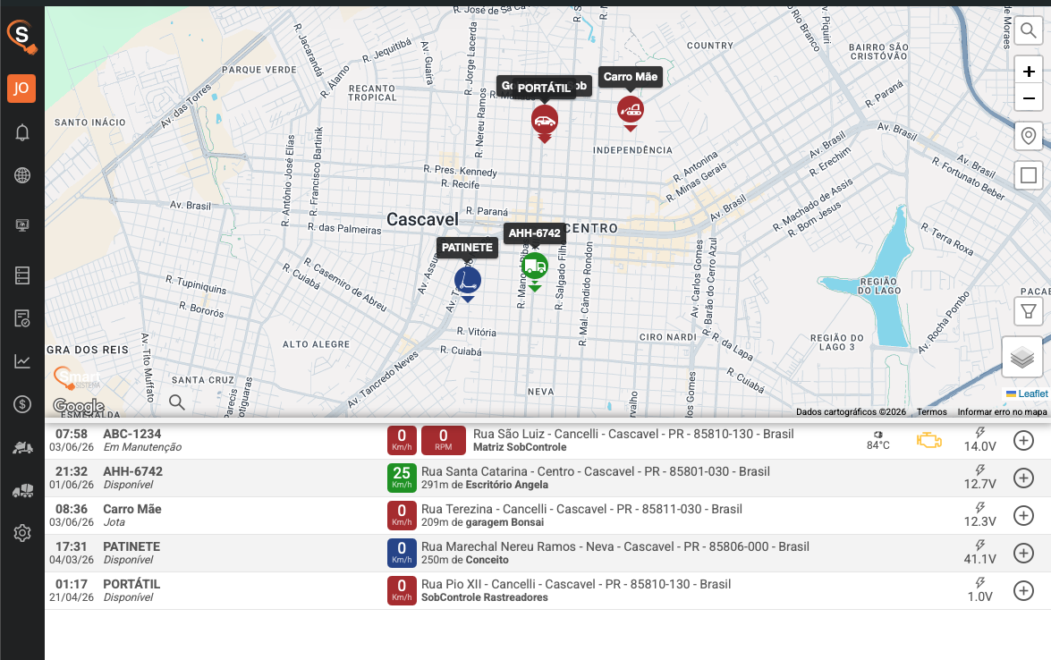 Mapa da frota no Smart Sistema com veículos e localização em tempo real