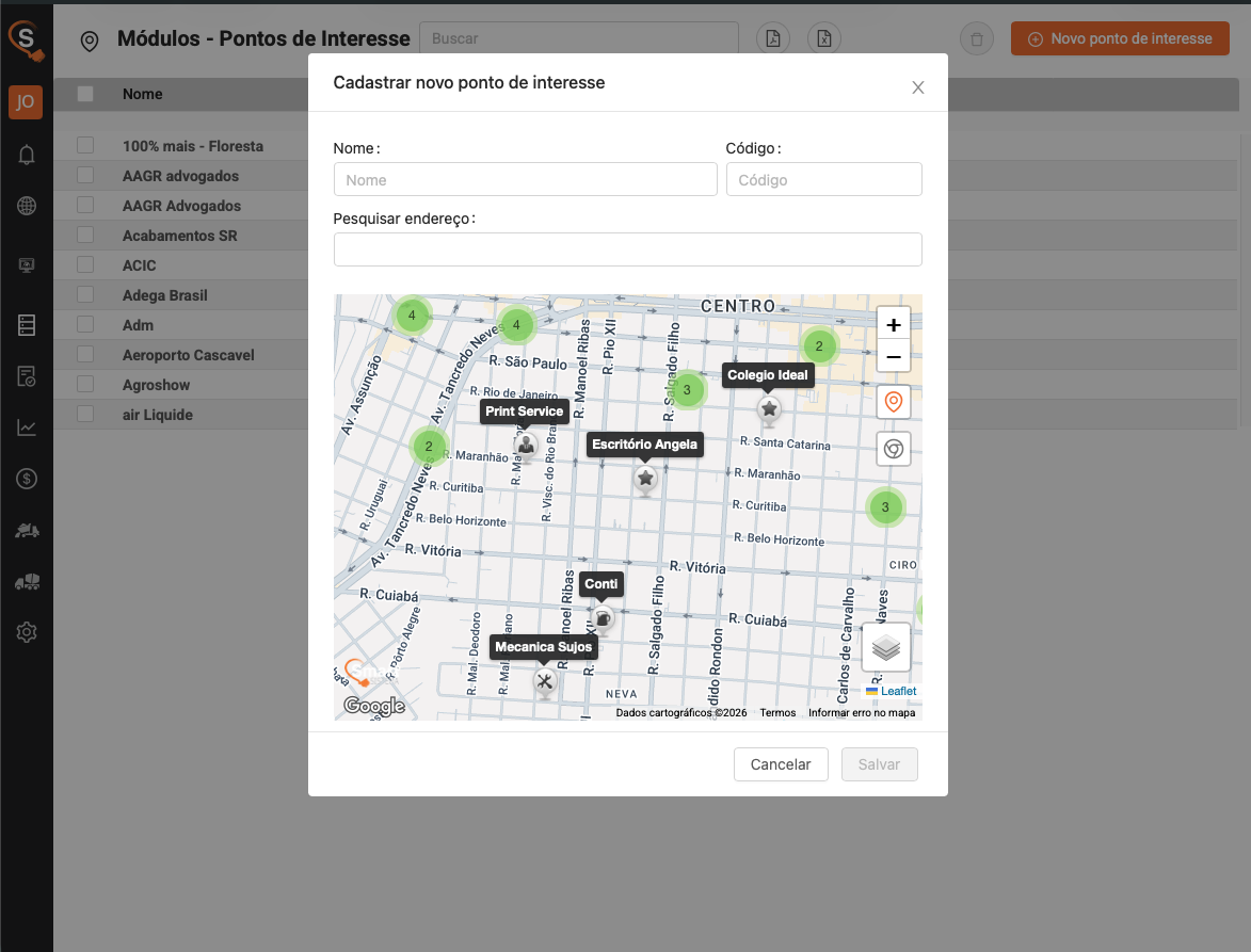 Pontos de interesse cadastrados no mapa do Smart Sistema